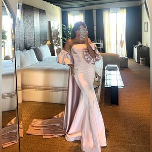 Elegant Off-Shoulder satin mix Gown with cape in baby Pink